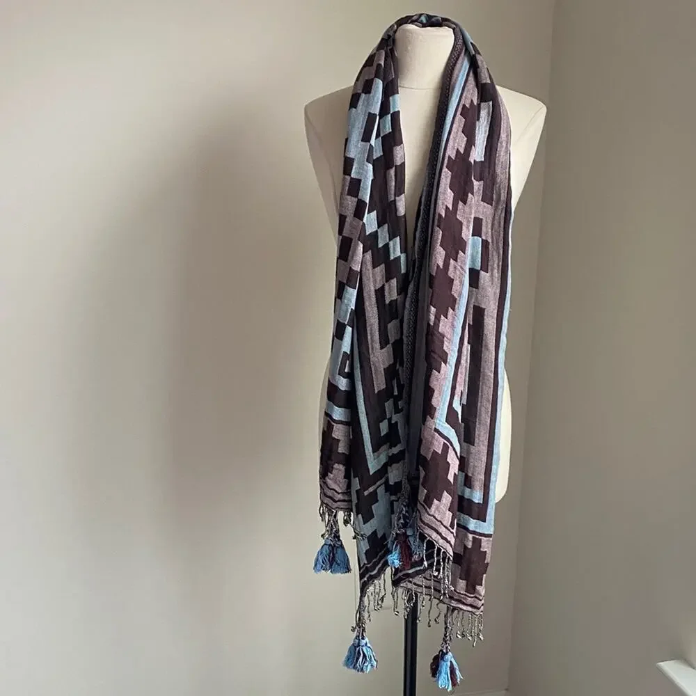 MICHAEL STARS Aztec Geometric Patterned Scarf with Tassels Blue Brown